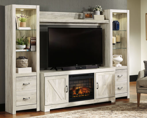 Bellaby - Whitewash - Entertainment Center - TV Stand With Faux Firebrick Fireplace Insert Capital Discount Furniture Home Furniture, Furniture Store