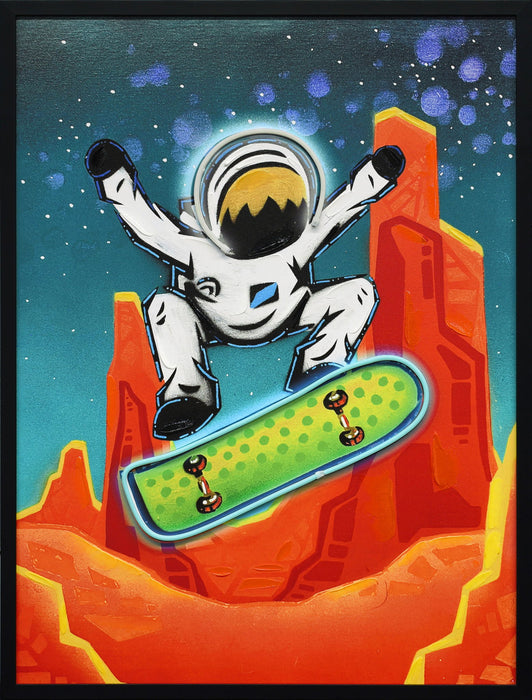 Kuiper Belt Kick-Flip By Joy Hernandez Hand-Embellished LED Canvas In Frame - Red / Teal