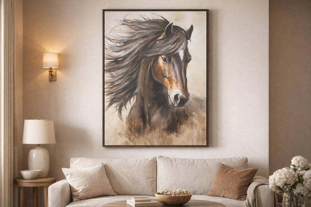 Windborne Stallion Hand-Embellished Canvas In Frame - Brown / Ivory