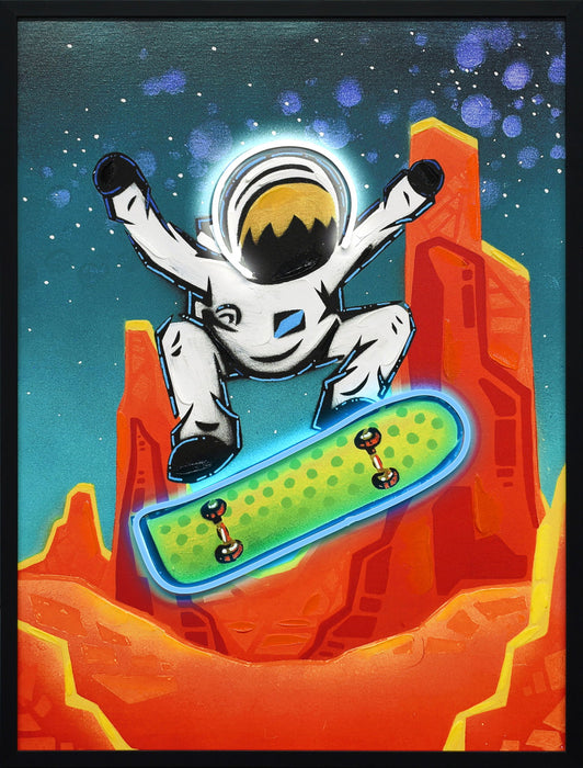 Kuiper Belt Kick-Flip By Joy Hernandez Hand-Embellished LED Canvas In Frame - Red / Teal