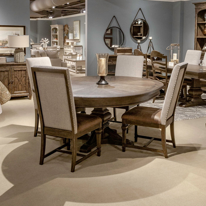 Paradise Valley - 5 Piece Pedestal Table Set (Upholstered Side Chairs) - Dark Brown