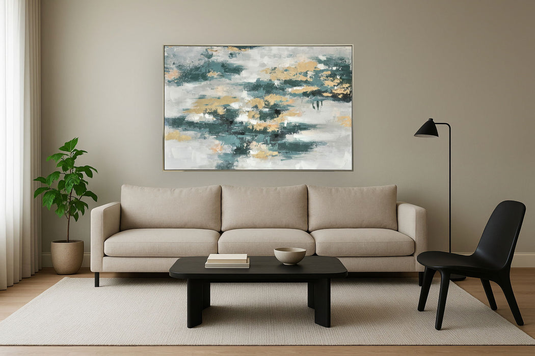 Verdant Gold Drift - 39" x 59" Framed Wall Art - Light Blue