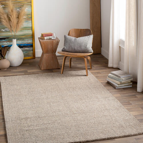 Aiden AEN-1005 gray and khaki wool rug styled in a modern living room