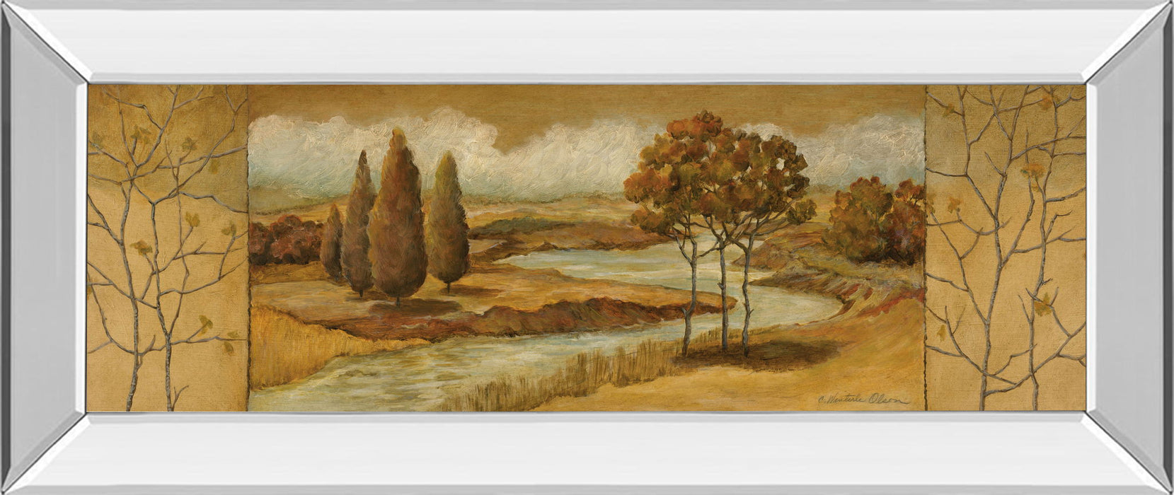 River Scene I - Mirror Framed Print Wall Art - Light Brown