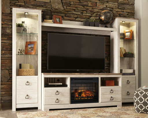 Willowton - Whitewash - Entertainment Center - TV Stand With Faux Firebrick Fireplace Insert Capital Discount Furniture Home Furniture, Home Decor, Furniture
