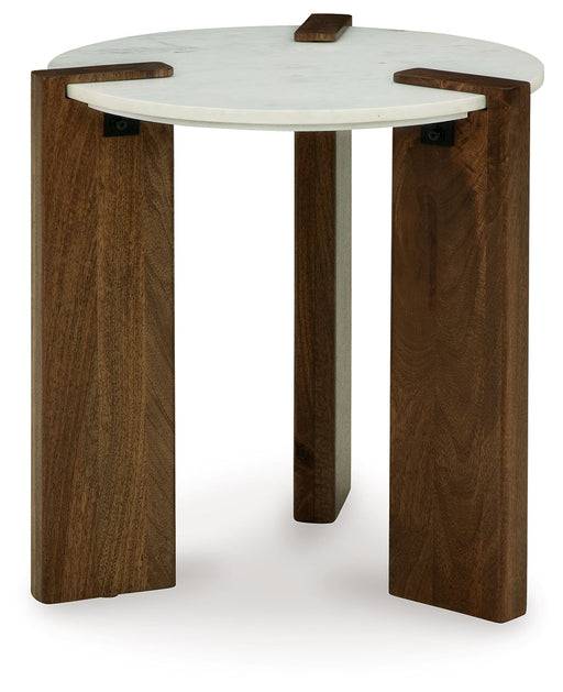Isanti - White / Brown - Round End Table Capital Discount Furniture Home Furniture, Furniture Store