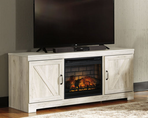 Bellaby - Whitewash - 63" TV Stand With Faux Firebrick Fireplace Insert Capital Discount Furniture