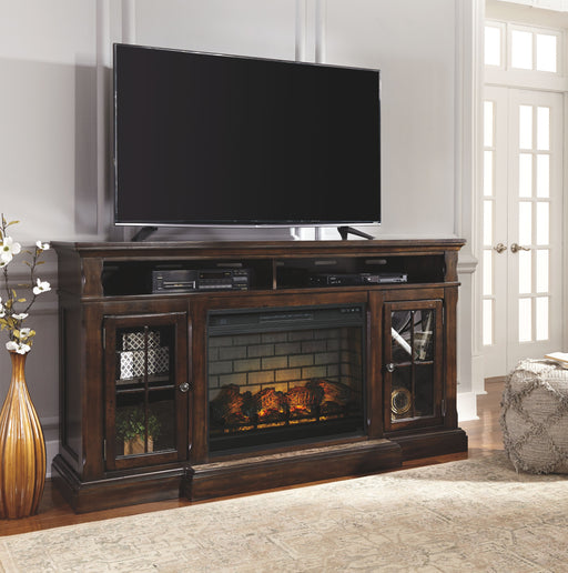 Roddinton - Dark Brown - 2 Pc. - 74" TV Stand With Electric Infrared Fireplace Insert Capital Discount Furniture